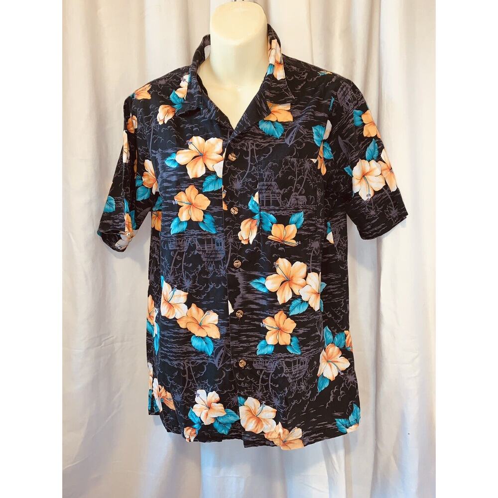 M Vtg Paul Howard California Hawaiian Aloha Shirt Mens Black Orange Hibiscus GUC